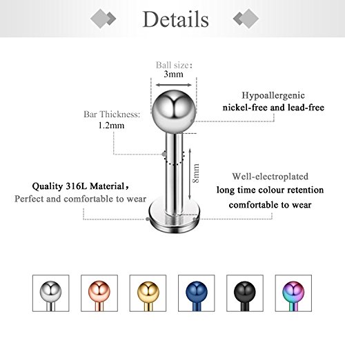 Zolure 16G 8mm Lip Labret Bars Tragus Stud Heart Ball Top Tragus Pendiente Helix Piercing Pendientes Tragus Jewellery, Mix Color