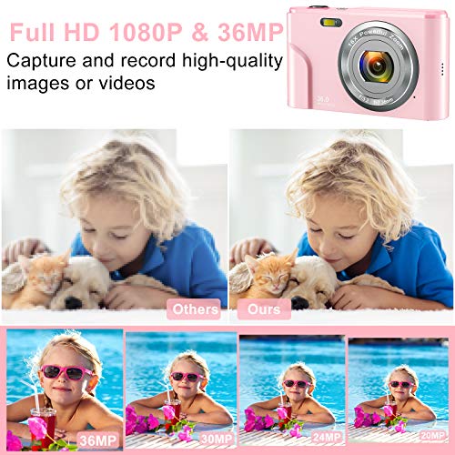 ZORNIK 1080P Cámaras Digitales, Cámara Compacta 2.4 Pulgadas LCD Recargable 36 Megapíxeles Zoom Digital 16x, Estudiantes para Adultos/Mayores/Niños (Rosado-1080P)