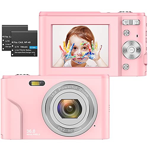 ZORNIK 1080P Cámaras Digitales, Cámara Compacta 2.4 Pulgadas LCD Recargable 36 Megapíxeles Zoom Digital 16x, Estudiantes para Adultos/Mayores/Niños (Rosado-1080P)