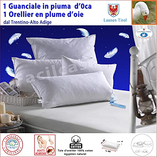 1 Almohada de Plumas de Ganso. Almohada de Cama con Relleno de Plumón 100% Lavado y Esterilizado. Funda de Almohada de Puro Algodón Egipcio Soporte Medio Cómodo Lavable a Máquina (50x80x18cm)