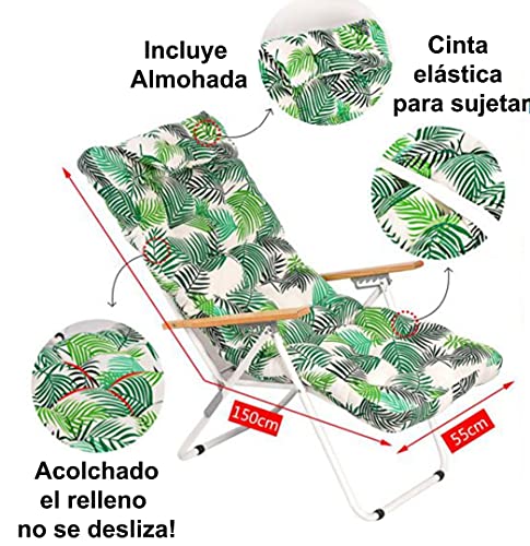 1 COJIN Tumbona Acolchada. COJIN Silla de Playa con Respaldo y Almohada. NO Incluye Silla.Cojín Mecedora. Varios tamaños y Colores. (Ramas Verdes, 150 x 55 cm)