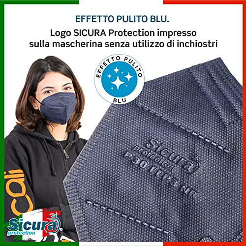 10 mascarillas FFP3 certificadas CE AZUL oscuro y elásticos negros logo SICURA en relieve PFE ≥99% BFE ≥99% Mascarilla higienizada y sellada individualmente Certificación ISO 13485 y 9001