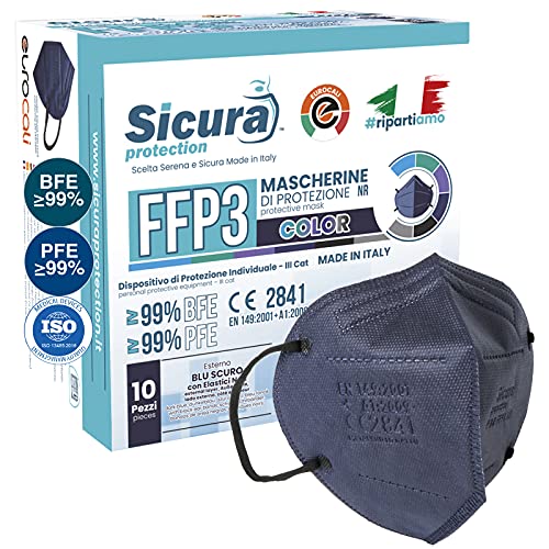 10 mascarillas FFP3 certificadas CE AZUL oscuro y elásticos negros logo SICURA en relieve PFE ≥99% BFE ≥99% Mascarilla higienizada y sellada individualmente Certificación ISO 13485 y 9001