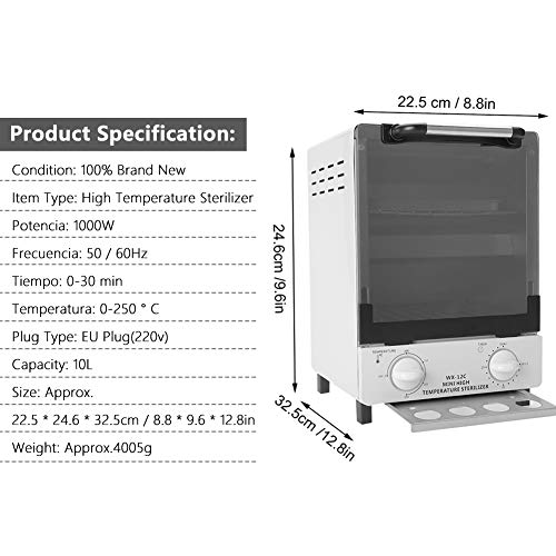 2 En 1 Gabinete de Esterilización 10L, Esterilizador Calor Seco, Alta Temperatura + Infrarrojos, Caja de Desinfección, Equipo de Esterilización Gran Capacidad