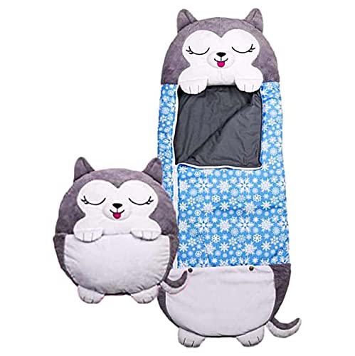 2 En 1 Sacos De Dormir Felices Plegables con Almohada para Niños, Divertida Almohada De Siesta De Animales De Dibujos Animados, Saco De Dormir De Bebé Suave Y Cálido,Blue Husky,160 * 60cm