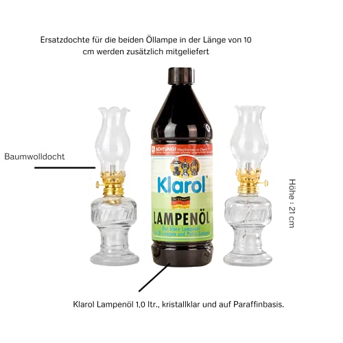 2 lámparas de aceite de cristal con casquillo giratorio dorado de 21 cm en juego con aceite para lámparas Klarol de 1 l.