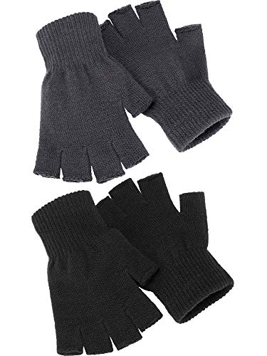 2 Pares de Guantes de Medio Dedo Guantes Cálidos Unisex sin Dedos de Invierno para Hombres Mujeres (Negro, Gris)