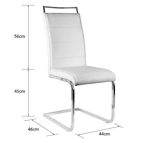 2 x Silla Cantilever Altura 45cm, Köln Silla Cantiléver Cuero Sintético y Metal Cromado Sillas de Comedor Modernas, Altura del Respaldo: 56 cm, MAX Carga 120kg (4, Blanco)