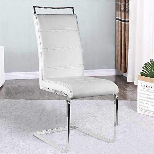 2 x Silla Cantilever Altura 45cm, Köln Silla Cantiléver Cuero Sintético y Metal Cromado Sillas de Comedor Modernas, Altura del Respaldo: 56 cm, MAX Carga 120kg (4, Blanco)