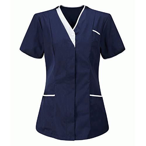 2021 Casaca Ropa de Trabajo Mujer Bolsillo Uniformes Cuello Pico Mangas Cortas Uniformes Camiseta de Manga Corta con Color sólido para con Cuello en V Trabajo Manga Corta Uniform