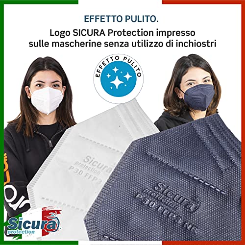 25 mascarillas FFP3 certificadas CE AZUL oscuro y Blancas SICURA PFE ≥99% BFE ≥99% Mascarilla higienizada y sellada individualmente Certificación ISO 13485 y 9001 13 Azul + 12 Blanca