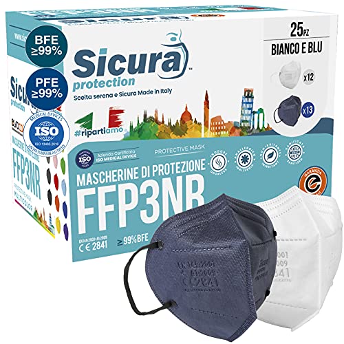 25 mascarillas FFP3 certificadas CE AZUL oscuro y Blancas SICURA PFE ≥99% BFE ≥99% Mascarilla higienizada y sellada individualmente Certificación ISO 13485 y 9001 13 Azul + 12 Blanca