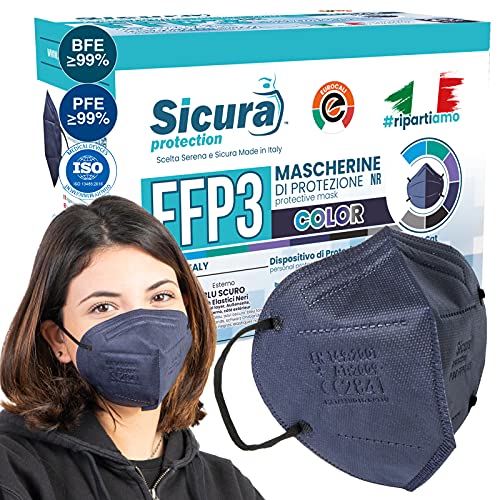 25 mascarillas FFP3 certificadas CE AZUL oscuro y elásticos negros logo SICURA en relieve PFE ≥99% BFE ≥99% Mascarilla higienizada y sellada individualmente Certificación ISO 13485 y 9001