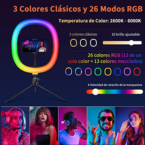 2NLF Aro de Luz con Tripode 12" RGB Anillo de Luz LED con Estable Trípode Soporte 61" Altura Regulable 26 Colores 10 Brillos Regulables Control Remoto Inalámbrico para Movil TikTok Selfie Maquillaje