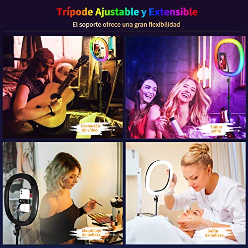 2NLF Aro de Luz con Tripode 12" RGB Anillo de Luz LED con Estable Trípode Soporte 61" Altura Regulable 26 Colores 10 Brillos Regulables Control Remoto Inalámbrico para Movil TikTok Selfie Maquillaje