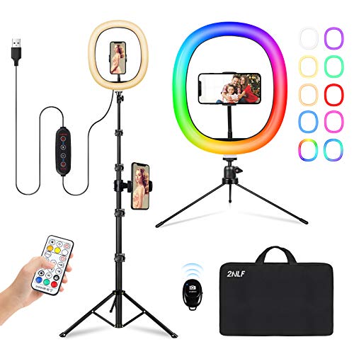 2NLF Aro de Luz con Tripode 12" RGB Anillo de Luz LED con Estable Trípode Soporte 61" Altura Regulable 26 Colores 10 Brillos Regulables Control Remoto Inalámbrico para Movil TikTok Selfie Maquillaje