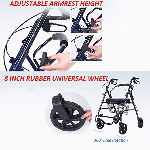 3 En 1 Andador Plegable para Personas Mayores, Rollator Ligero De Acero De 4 Ruedas con Freno Y Asiento De Esponja, Soporta hasta 120 Kg