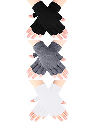 3 Pares Guantes de Medio Dedo Guantes sin Dedos de Invierno Guantes de Punto para Mujer Hombre (Negro, Gris Claro, Blanco)