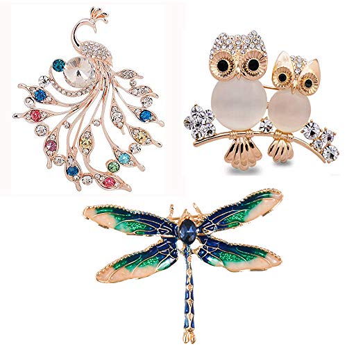 3 Piezas Broche de Cristal En Forma de Animal, Juego de Broches de Animales para Mujeres, Broche de Pavo Real de Libélula de Búho, Broche De Ropa para Mujeres y Niñas, Regalos De Fiesta