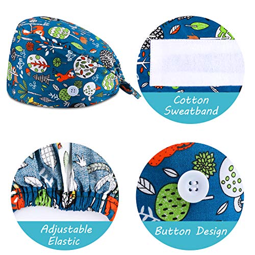 3 Piezas Gorro de Trabajo de Unisex con Botón y Banda de Sudor de Algodón, Ajustable Gorros Estampado Gorro Matorrales Bouffant para Belleza Trabajador Cuidado Personal