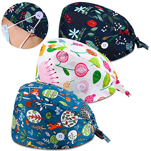 3 Piezas Gorro de Trabajo de Unisex con Botón y Banda de Sudor de Algodón, Ajustable Gorros Estampado Gorro Matorrales Bouffant para Belleza Trabajador Cuidado Personal