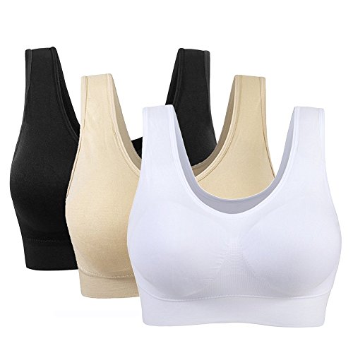 3 Piezas Sujetador Deportivo para Mujeres Sin Costuras Yoga Racerback Top con Almohadillas Extraíbles Ultimate Corriendo Gimnasio Ropa (4XL: 46/48, Desnudo&Negro&Blanco)