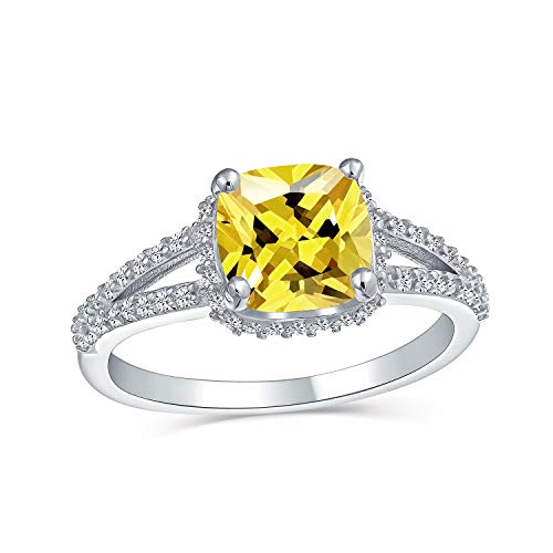 3CT brillante amarillo canario AAA talla cojín CZ anillo de compromiso para las mujeres cúbica Zirconia split vástago de plata de ley