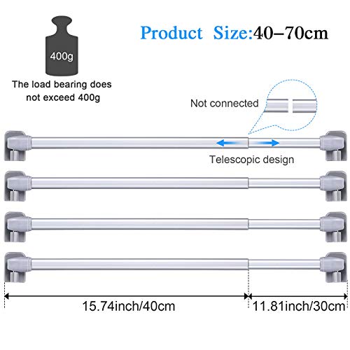 4 Barras de Cortina Extensible Barra de Extensión de Armario Barra de Cortina de Plástico Ajustable con 10 Ganchos Autoadhesivos de Barras Cortina para Baño, 15,7 a 27,5 Pulgadas (Plata)