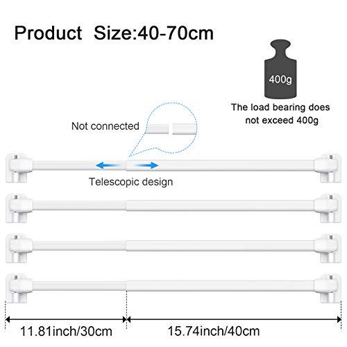 4 Barras de Cortina Extensible Barra de Extensión de Armario Barra de Cortina de Plástico Ajustable con 10 Ganchos Autoadhesivos de Barras de Cortina, Blanco (15,7 a 27,5 Pulgadas)