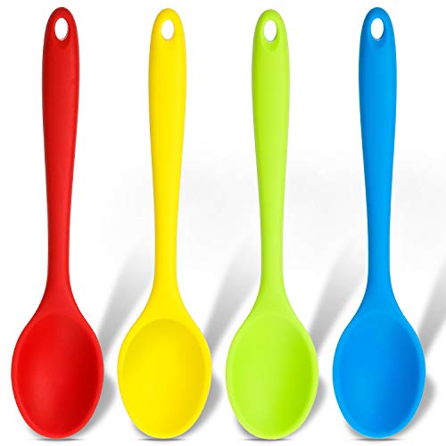 4 Cucharas de Silicona Pequeñas Multicolores Cuchara Antiadherente de Cocina Cuchara de Servir de Mezclar de Silicona para Cocinar Hornear Mezclar (Rojo Oscuro, Verde, Amarillo, Azul)