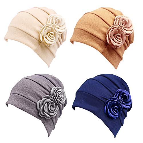 4 Piezas Turbantes para Mujer,Pañuelos Quimioterapia,Gorros Oncologicos para Mujer,Pañuelo Cabeza Mujer,Mujer Pelo Largo Verano Turbante para Mujer Cáncer Pérdida De Pelo Estilo Flor Sombreros