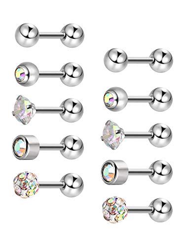 5 Pares de Pendientes de Perno de Acero Inoxidable Pernos de Bola Redonda Pendientes de Barra con Pesas de Zirconia Cúbica Piercing de Hélice para Trago Cartílago Oreja, 5 Estilos (Color AB)