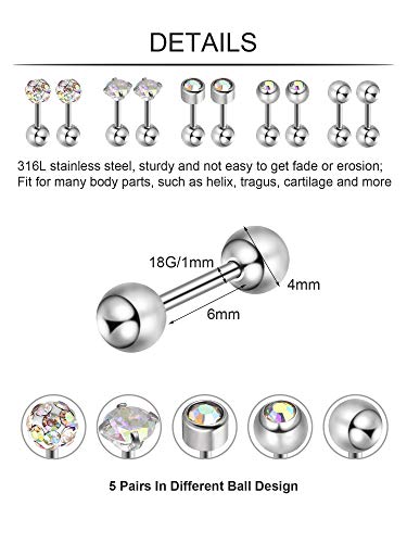 5 Pares de Pendientes de Perno de Acero Inoxidable Pernos de Bola Redonda Pendientes de Barra con Pesas de Zirconia Cúbica Piercing de Hélice para Trago Cartílago Oreja, 5 Estilos (Color AB)