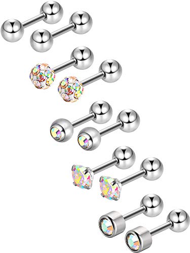 5 Pares de Pendientes de Perno de Acero Inoxidable Pernos de Bola Redonda Pendientes de Barra con Pesas de Zirconia Cúbica Piercing de Hélice para Trago Cartílago Oreja, 5 Estilos (Color AB)