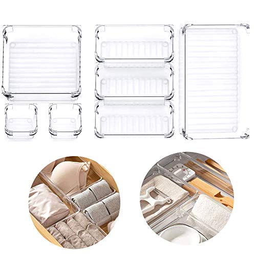 7 Piezas Organizadores Transparentes para Cajones, Cajas Bandejas de Plástico Apilables Almacenamiento, Organizador de Maquillaje, para Escritorio, Cocina, Baño, Maquillaje, Armario - 4 Tamaños