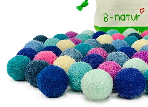 8-Natur Colección Llena de Color de 50 Bolas de Fieltro Laguna Mix de 2,2 cm de Grosor, Hechas de Pura Lana Merino para elaborar guirnaldas, móviles y macetas, o Solo para decoración.