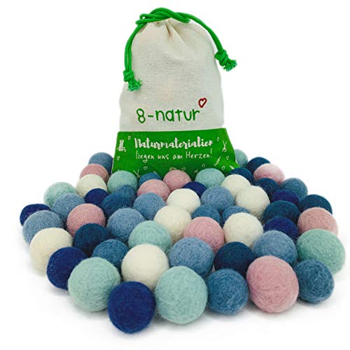 8-Natur Colección Llena de Color de 50 Bolas de Fieltro Laguna Mix de 2,2 cm de Grosor, Hechas de Pura Lana Merino para elaborar guirnaldas, móviles y macetas, o Solo para decoración.