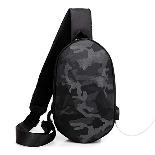 A-hyt Cómodo y conveniente hombres pecho bolsa juventud marea camuflaje duro Shell color sólido USB carga impermeable magnanimous capacidad masculina hombro diagonal bolsa fácil caminata