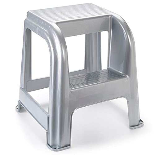 Acan Plastic Forte - Taburete plástico Gris Plata con peldaño 45.5 x 44.2 x 42 cm, banqueta, Silla, Escalera de Dos Pasos Ligera, hogar