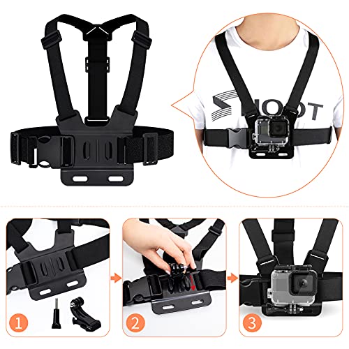 Accesorios Gopro, 8 en 1 Accesorios Camara Deportiva, Arnes Pecho Gopro, Correa de Cabeza, Muñequera Gopro, Mochila Clip, Estuche de Transporte, Compatible con Cámaras Deportivas Gopro