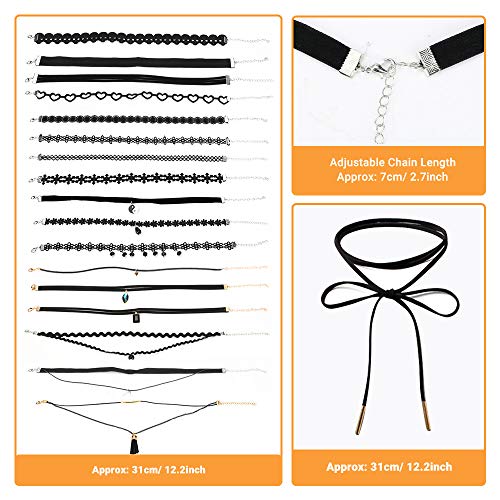 Aceshop Set de 22 Gargantillas Negras Set de Collares Góticos Ajustable Elegante Juego de choquers Clásicas de Cinta en Capas Gargantillas de Terciopelo Negras para Mujeres, Adolescentes, Niñas