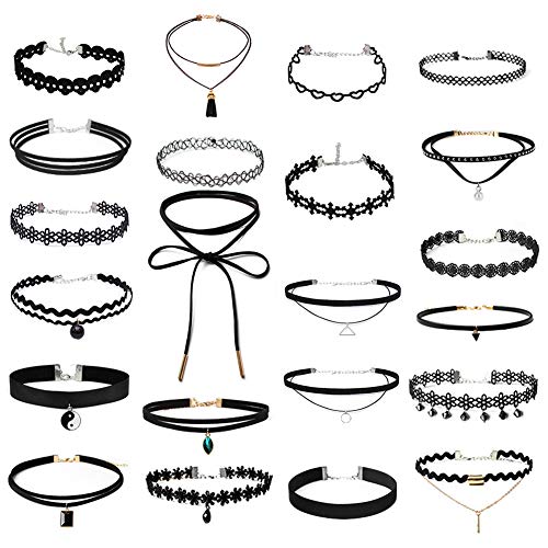 Aceshop Set de 22 Gargantillas Negras Set de Collares Góticos Ajustable Elegante Juego de choquers Clásicas de Cinta en Capas Gargantillas de Terciopelo Negras para Mujeres, Adolescentes, Niñas