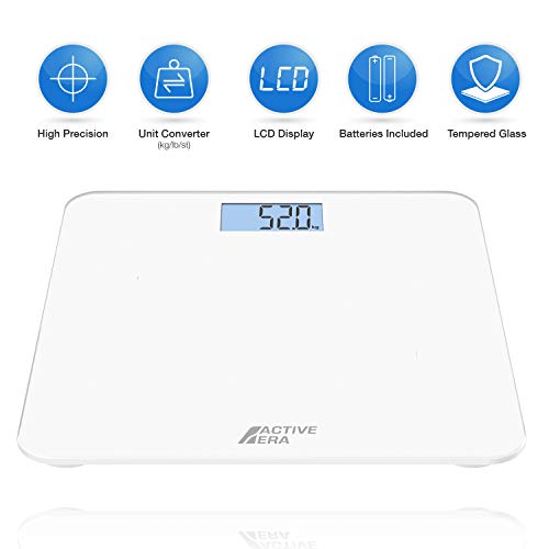 Active Era Báscula de Baño Digital Ultrafina con Sensores de Alta Precisión Pantalla LCD, Auto Encendido y Apagado. Cristal Templado Ultra Resistente (Kg/Stone/libras) Pilas AAA Incluidas - Blanco