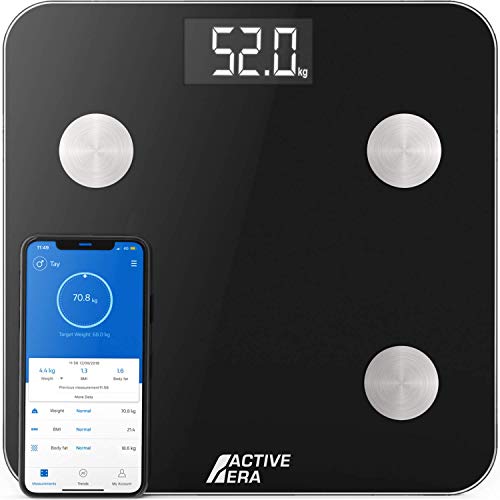 Active Era Báscula Inteligente Bluetooth - Monitor de Composición Corporal con 15 Medidas (Peso, Masa Muscular Edad Metabólica, Grasa Corporal, IMC) Compatible para App iPhone/Android. Pilas Incluidas