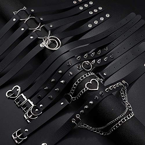 Adramata 10Piezas Gargantillas de Cuero Negro Collar de PU Punk Gótico Vestido Elegante Collares de Cuello Ajustable Rock para Mujer