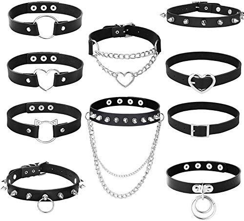 Adramata 10Piezas Gargantillas de Cuero Negro Collar de PU Punk Gótico Vestido Elegante Collares de Cuello Ajustable Rock para Mujer