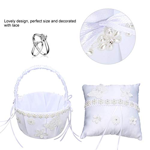 Agatige Canasta de Almohada para Portador de Anillo, Canasta de cojín para niña con Encaje de Flores Artificiales Bowknot para decoración de Banquete de Boda(Cesta de Flores + Almohada de Anillo)