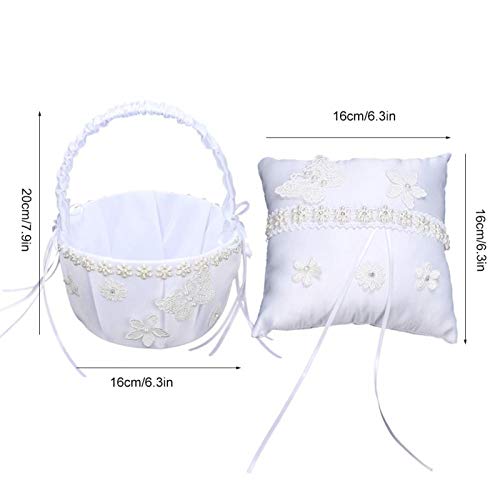 Agatige Canasta de Almohada para Portador de Anillo, Canasta de cojín para niña con Encaje de Flores Artificiales Bowknot para decoración de Banquete de Boda(Cesta de Flores + Almohada de Anillo)