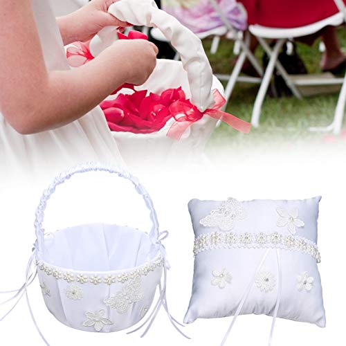 Agatige Canasta de Almohada para Portador de Anillo, Canasta de cojín para niña con Encaje de Flores Artificiales Bowknot para decoración de Banquete de Boda(Cesta de Flores + Almohada de Anillo)