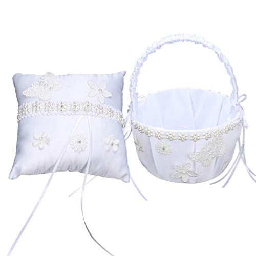 Agatige Canasta de Almohada para Portador de Anillo, Canasta de cojín para niña con Encaje de Flores Artificiales Bowknot para decoración de Banquete de Boda(Cesta de Flores + Almohada de Anillo)